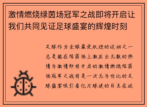 激情燃烧绿茵场冠军之战即将开启让我们共同见证足球盛宴的辉煌时刻