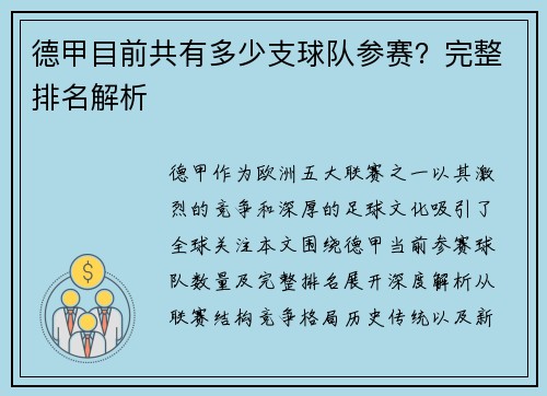 德甲目前共有多少支球队参赛?完整排名解析